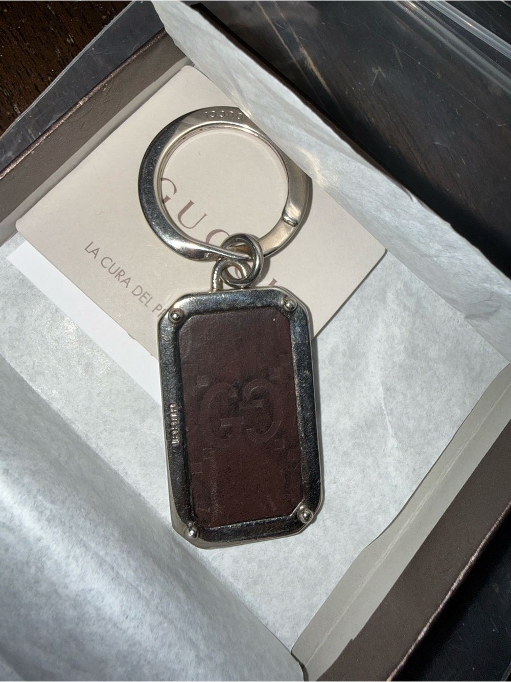 Gucci unisex Guccissim Brown Leather & Silver Keyring